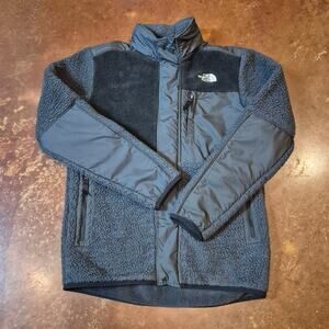 The North Face TNF Boys Large Jacket Mix Media Fleece Black Hooded Snap Outdoors